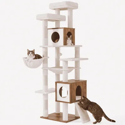 FEANDREA Arbre à chat moderne en bois H 191 cm avec niches et griffoir