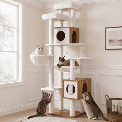 FEANDREA Arbre à chat moderne en bois H 191 cm avec niches et griffoir