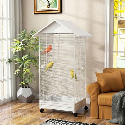 PawHut ? Cage à oiseaux sur roulettes tiroir amovible acier blanc