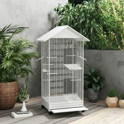 PawHut ? Cage à oiseaux sur roulettes tiroir amovible acier blanc