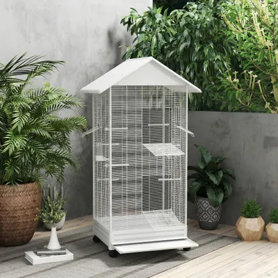 PawHut ? Cage à oiseaux sur roulettes tiroir amovible acier blanc