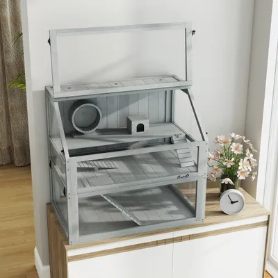 PawHut - Cage hamster 3 niveaux rampes roue bascule cabane H.76cm