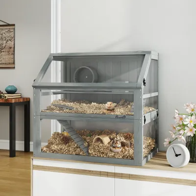 PawHut - Cage hamster 3 niveaux rampes roue bascule cabane H.76cm