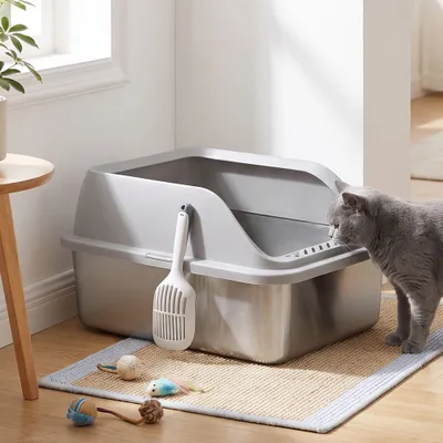 FEANDREA Bac à litière pour chat en inox avec bords hauts, pelle et brosse