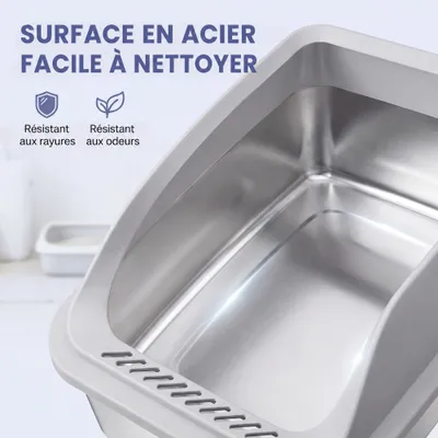 FEANDREA Bac à litière pour chat en inox avec bords hauts, pelle et brosse