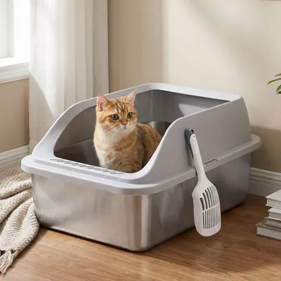 FEANDREA Bac à litière pour chat en inox avec bords hauts, pelle et brosse