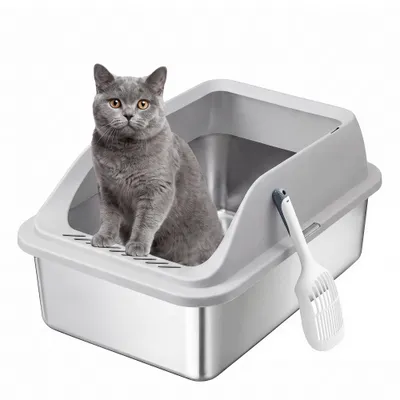 FEANDREA Bac à litière pour chat en inox avec bords hauts, pelle et brosse
