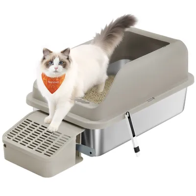 Feandrea Bac à Litière pour Chat, en Acier Inoxydable  jusqu’à 15 kg