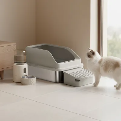 Feandrea Bac à Litière pour Chat, en Acier Inoxydable  jusqu’à 15 kg