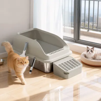 Feandrea Bac à Litière pour Chat, en Acier Inoxydable  jusqu’à 15 kg