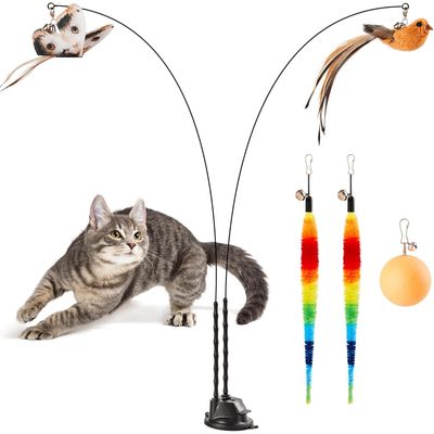 Yiankon Katzenangel Saugnapf Set, 2 Angeln, 5 Feder und Ballanhänger
