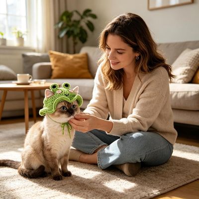 Fukumaru Häkelmütze für Katzen, Frosch-Design, verstellbar