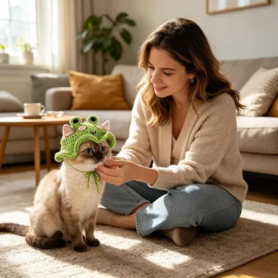 Fukumaru Häkelmütze für Katzen, Frosch-Design, verstellbar