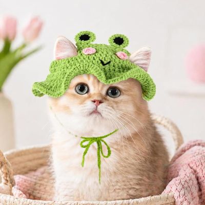 Fukumaru Häkelmütze für Katzen, Frosch-Design, verstellbar
