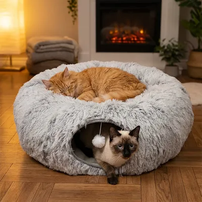 Fukumaru Lit chat donut peluche avec tunnel et pompon Fukumaru Lit chat donut peluche avec tunnel et pompon