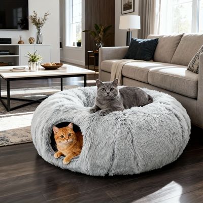Fukumaru Lit chat donut peluche avec tunnel et pompon