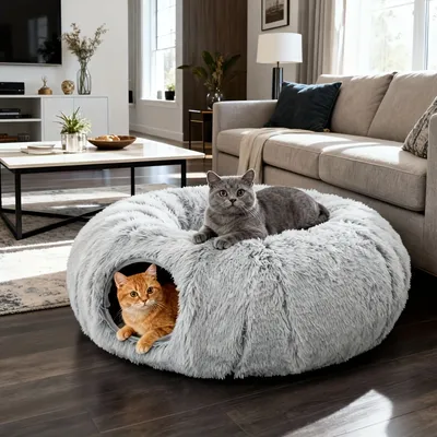 Fukumaru Lit chat donut peluche avec tunnel et pompon Fukumaru Lit chat donut peluche avec tunnel et pompon