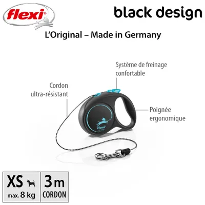 Flexi Black Design XS - Laisse à cordon pour petit chien, 3 m, noir/bleu Flexi Black Design XS - Laisse à cordon pour petit chien, 3 m, noir/bleu