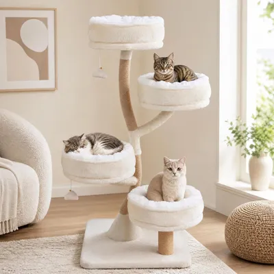 GIANTEX Arbre a Chat Design 132cm, Structure Métal, 4 Niveaux, Beige