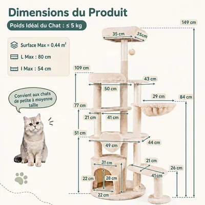 GIANTEX Arbre a Chat Hauteur 149CM, Poteaux Sisal Griffoirs, Multi-Niveaux GIANTEX Arbre a Chat Hauteur 149CM, Poteaux Sisal Griffoirs, Multi-Niveaux