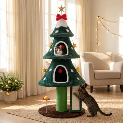 GIANTEX Arbre a Chat 138CM Forme Sapin de Noël avec 2 Niches GIANTEX Arbre a Chat 138CM Forme Sapin de Noël avec 2 Niches