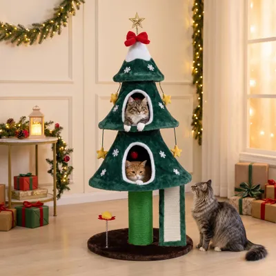 GIANTEX Arbre a Chat 138CM Forme Sapin de Noël avec 2 Niches