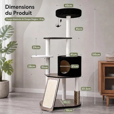 GIANTEX Arbre à Chat en Bois 155 CM, 3 Plateforme, Conception Multicouche