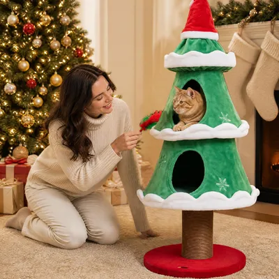 GIANTEX Arbre a Chat Sapin de Noel Hauteur 130CM avec 2 Condo pour Chat.