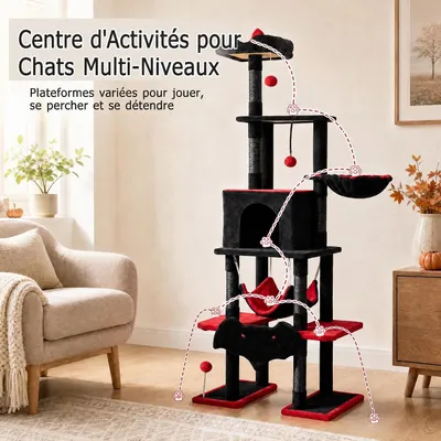 GIANTEX Arbre à Chat Multi-Niveaux Hauteur 178CM, Noir et Rouge