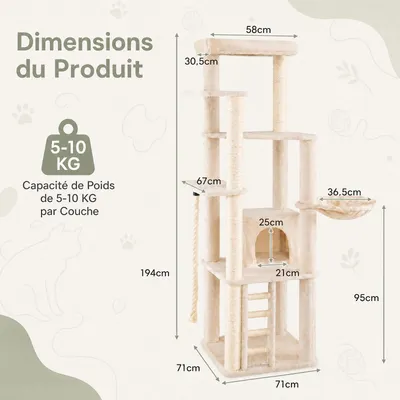 GIANTEX Arbre a Chat 194 cm Moderne Multi-Niveaux, Griffoirs en Sisal