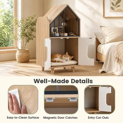 GIANTEX Mueble Arenero para Gatos en Forma Casita de 2 Niveles con Puertas GIANTEX Mueble Arenero para Gatos en Forma Casita de 2 Niveles con Puertas