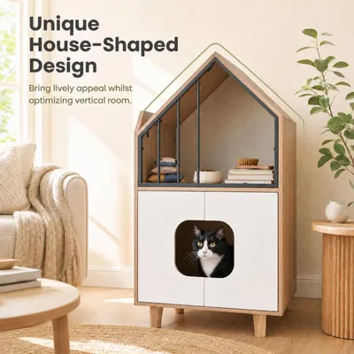 GIANTEX Mueble Arenero para Gatos en Forma Casita de 2 Niveles con Puertas GIANTEX Mueble Arenero para Gatos en Forma Casita de 2 Niveles con Puertas