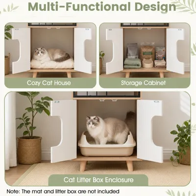 GIANTEX Mueble Arenero para Gatos en Forma Casita de 2 Niveles con Puertas