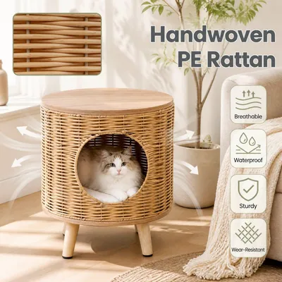 GIANTEX Niche Chat avec Cadre en Rotin et Pieds en Bois d'Hévéa