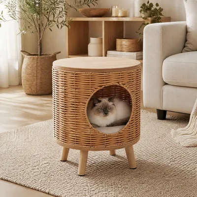 GIANTEX Niche Chat avec Cadre en Rotin et Pieds en Bois d'Hévéa