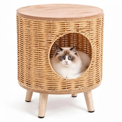 GIANTEX Niche Chat avec Cadre en Rotin et Pieds en Bois d'Hévéa