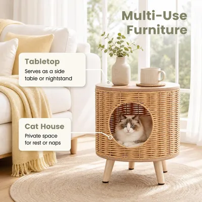 GIANTEX Niche Chat avec Cadre en Rotin et Pieds en Bois d'Hévéa