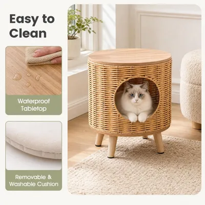 GIANTEX Niche Chat avec Cadre en Rotin et Pieds en Bois d'Hévéa